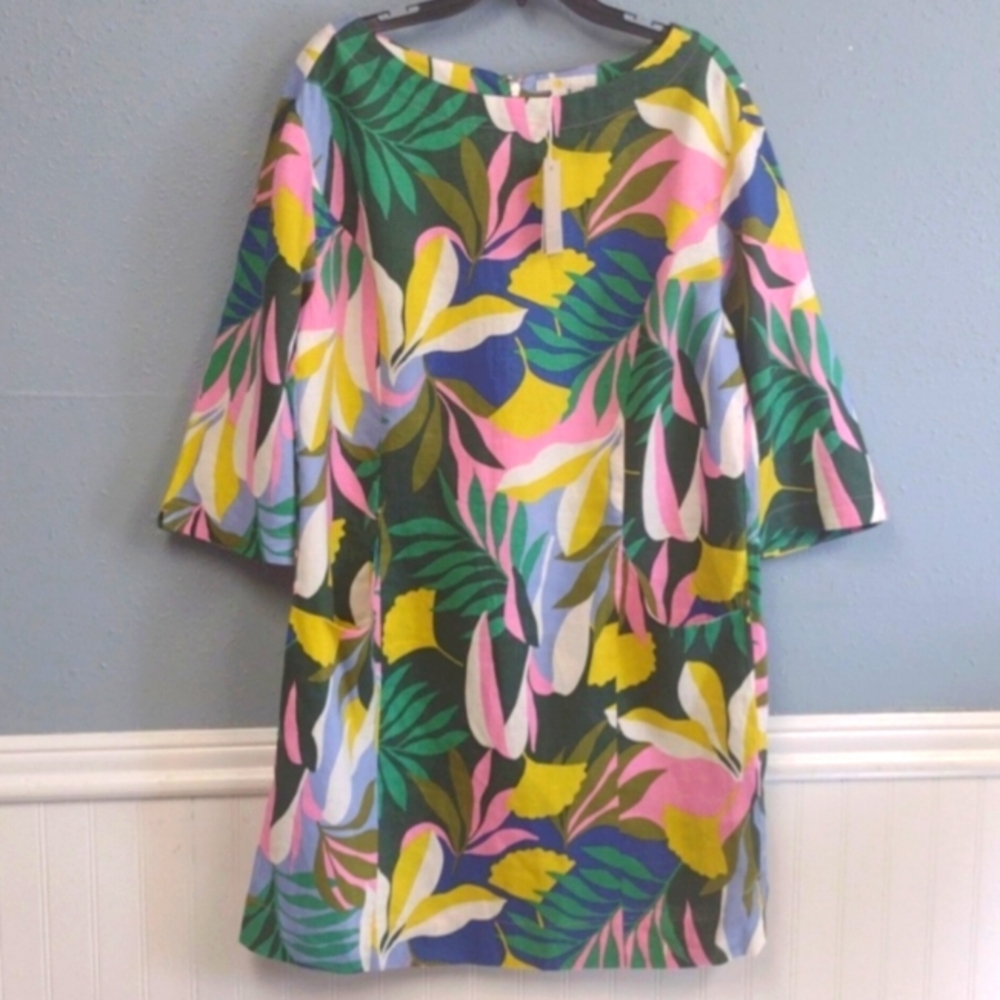 NEW Boden 100%Linen Green and Blue  Dress with Tropical Print Size 14R